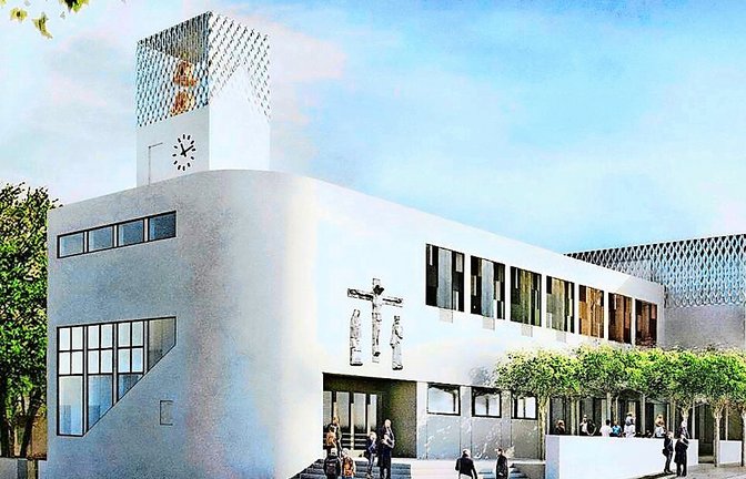 So soll die Brenzkirche in Stuttgart aussehen, wenn sie ihr traditionalistisches Dach verloren hat und die „runde Ecke“ wieder sichtbar ist.<span class='image-autor'>Foto: Rendering Wandel Lorch Götze Wach/WLGW</span>