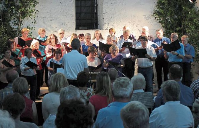Die Sänger des Kirchenchors und die Musiker des Posaunenchors sorgten bei der Sommerserenade für eine vollbesetzte Kelter.  Fotos: Pfisterer