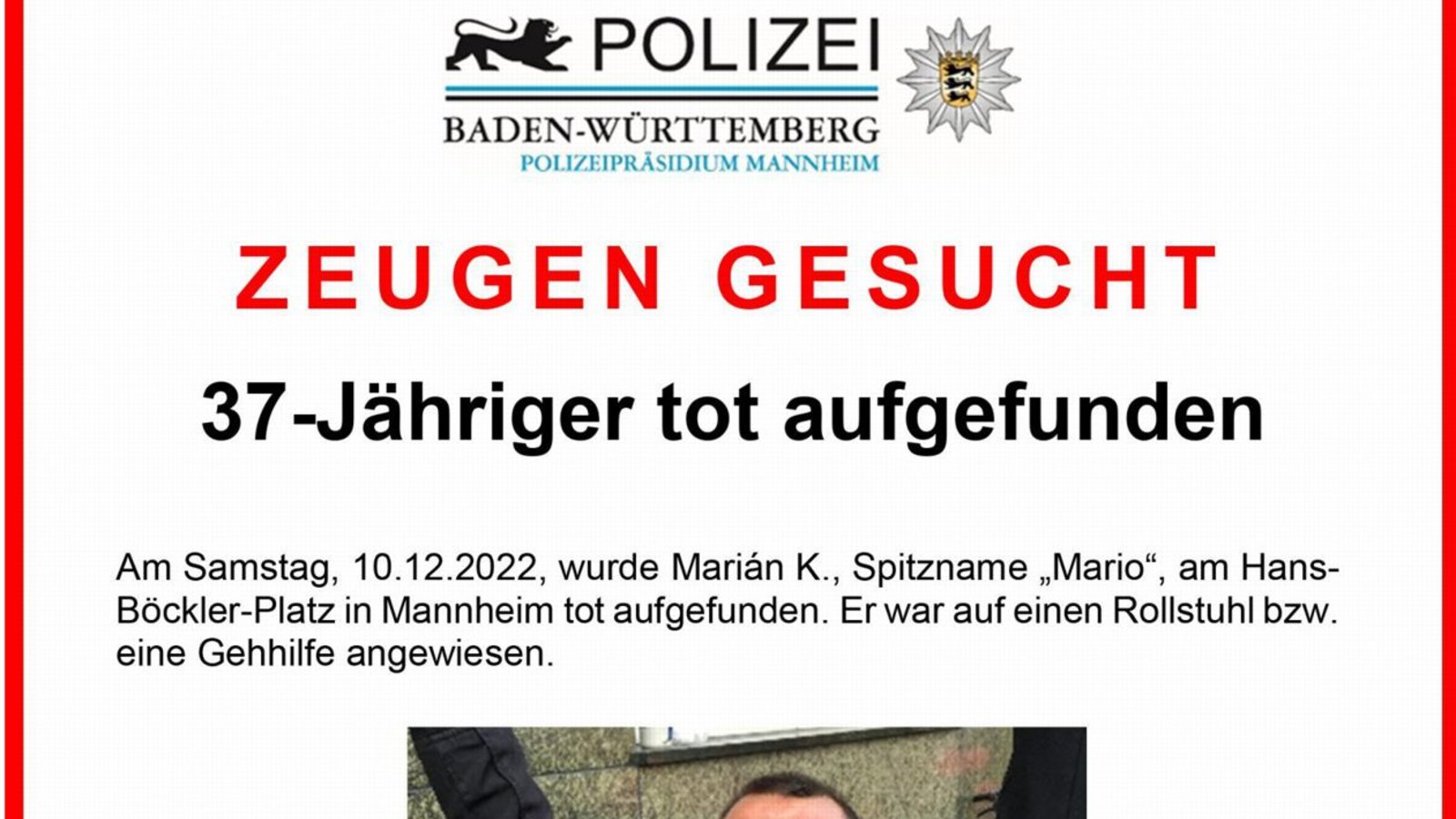 Mit diesem Flyer sucht die Polizei nach Zeugen.Foto: Polizeipräsidium Mannheim Mit diesem Flyer sucht die Polizei nach Zeugen.Foto: Polizeipräsidium Mannheim