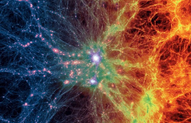Die Simulation von kosmischen Filamenten zeigt den Übergang von dunkler Materie (blau-violette Färbung) zu normaler Materie (orange-rot).<span class='image-autor'>Foto: Illustris Collaboration</span>