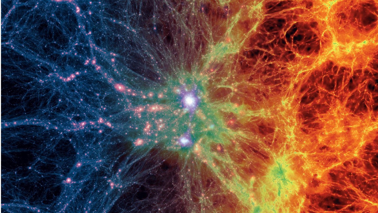 Die Simulation von kosmischen Filamenten zeigt den Übergang von dunkler Materie (blau-violette Färbung) zu normaler Materie (orange-rot).Foto: Illustris Collaboration