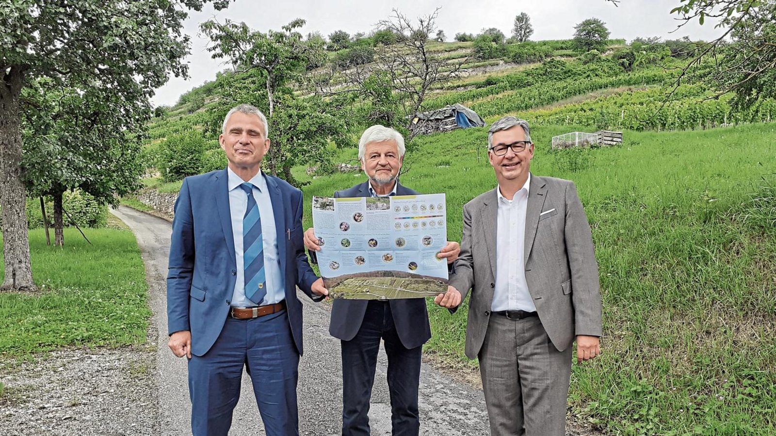 Sachsenheims Bürgermeister Holger Albrich, Regierungspräsident Wolfgang Reimer und Landrat Dietmar Allgaier (von links) präsentieren das neue Faltblatt über die kulturhistorische Weinlandschaft am Geigersberg in Ochsenbach. Foto: Glemser Sachsenheims Bürgermeister Holger Albrich, Regierungspräsident Wolfgang Reimer und Landrat Dietmar Allgaier (von links) präsentieren das neue Faltblatt über die kulturhistorische Weinlandschaft am Geigersberg in Ochsenbach. Foto: Glemser