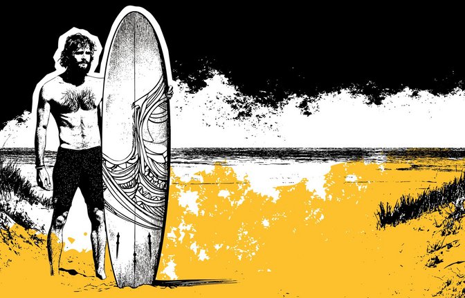 Wellenreiten ist ein Gegenpol zu unserer schnellen, digitalen Welt. Im Wasser ist man nicht erreichbar und am Strand gibt es vielleicht nicht mal Handyempfang oder asphaltierte Straßen.     Illustration:  KI/Midjournay/Sebastian Ruckaberle<span class='image-autor'>Foto: &nbsp;</span>