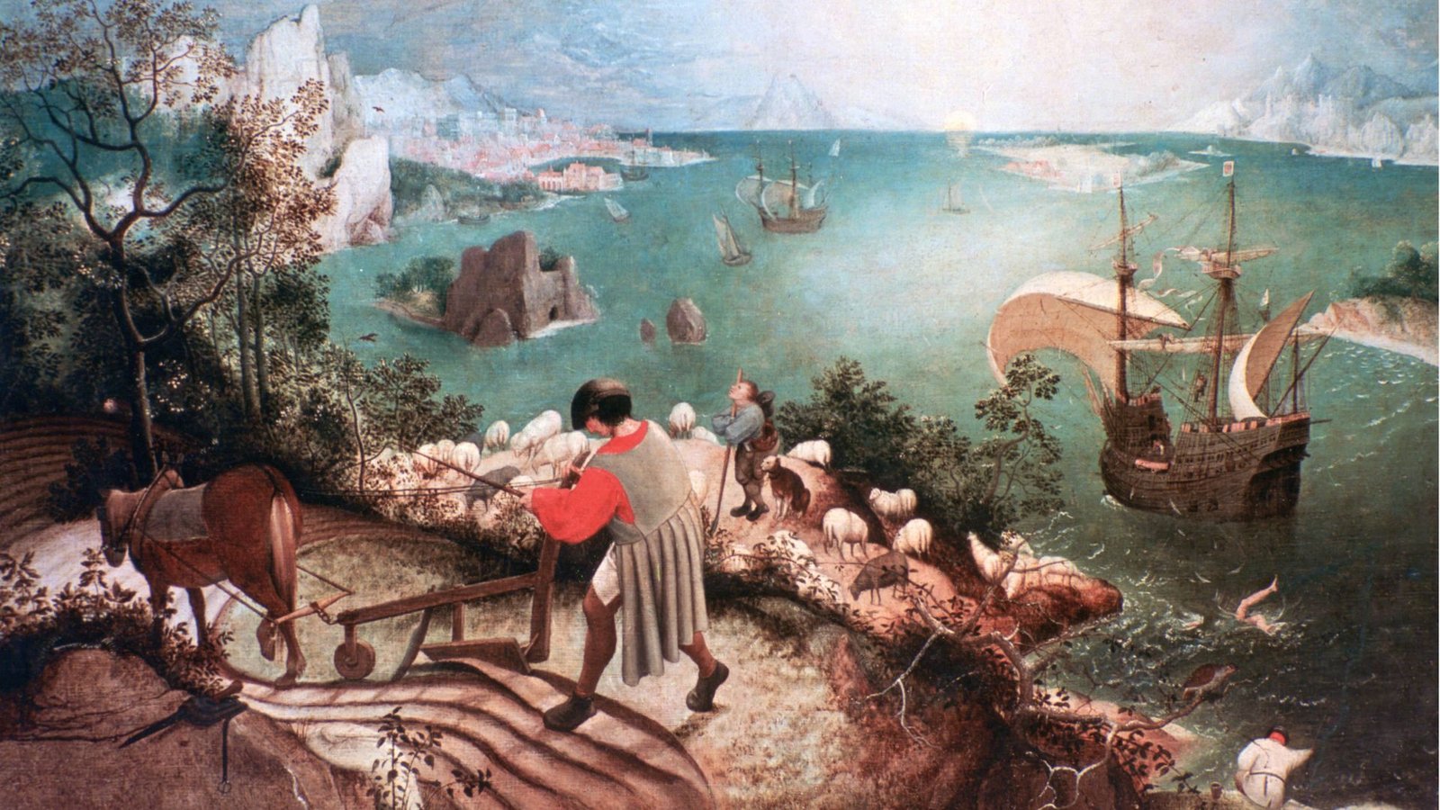 In Pieter Bruegels „Landschaft mit dem Sturz des Ikarus“ findet die entscheidende Szene am Rand rechtsaußen statt. Aber nicht nur das verbindet das Bild mit dem Gesellschaftsporträt von Yoko Tawada.Foto: imago/UIG In Pieter Bruegels „Landschaft mit dem Sturz des Ikarus“ findet die entscheidende Szene am Rand rechtsaußen statt. Aber nicht nur das verbindet das Bild mit dem Gesellschaftsporträt von Yoko Tawada.Foto: imago/UIG
