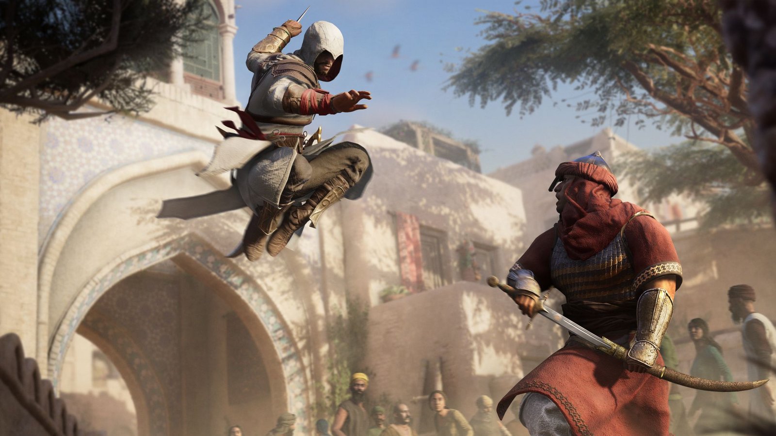 Dort ist der Spieler als Basim unterwegs und muss sich gegen die Schergen des Kalifen wehren.Foto: Ubisoft Dort ist der Spieler als Basim unterwegs und muss sich gegen die Schergen des Kalifen wehren.Foto: Ubisoft