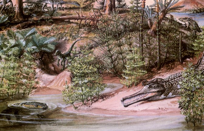 230 Millionen Jahre alt: Metoposauridae (links unten) konnten so groß wie moderne Alligatoren werden und zeichneten sich durch annähernd dreieckige flache Köpfe mit an deren Oberseite liegenden Augen aus.<span class='image-autor'>Foto: &nbsp;</span>