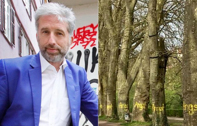 Die vollgesprühten Bäume in der Platanenallee haben für einen Tübinger Rentner das Fass zum Überlaufen gebracht. Deshalb stellt er 5000 Euro für Palmers Kampf gegen illegale Graffitis zur Verfügung.<span class='image-autor'>Foto: Horst Haas/Facebook-Profil Boris Palmer</span>