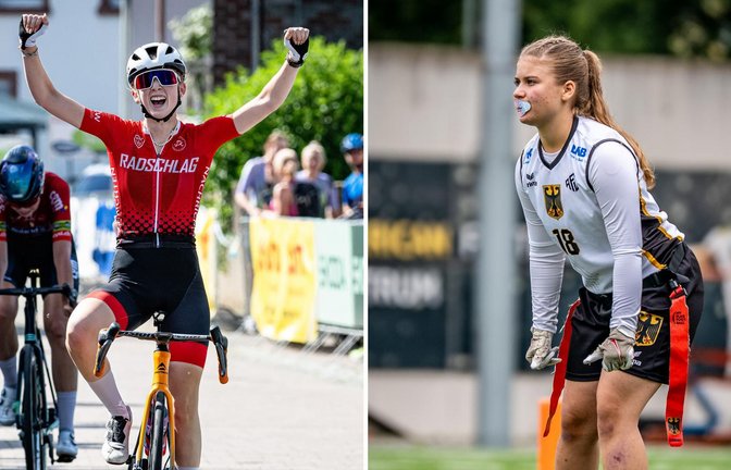 Leni Bauer (li.) und Lili Schmid haben im vergangenen Jahr herausragende sportliche Erfolge gefeiert – auf dem Rennrad und im Flag Football.<span class='image-autor'>Foto: frontalvision.com / Arne Mill, Bennet Henße</span>
