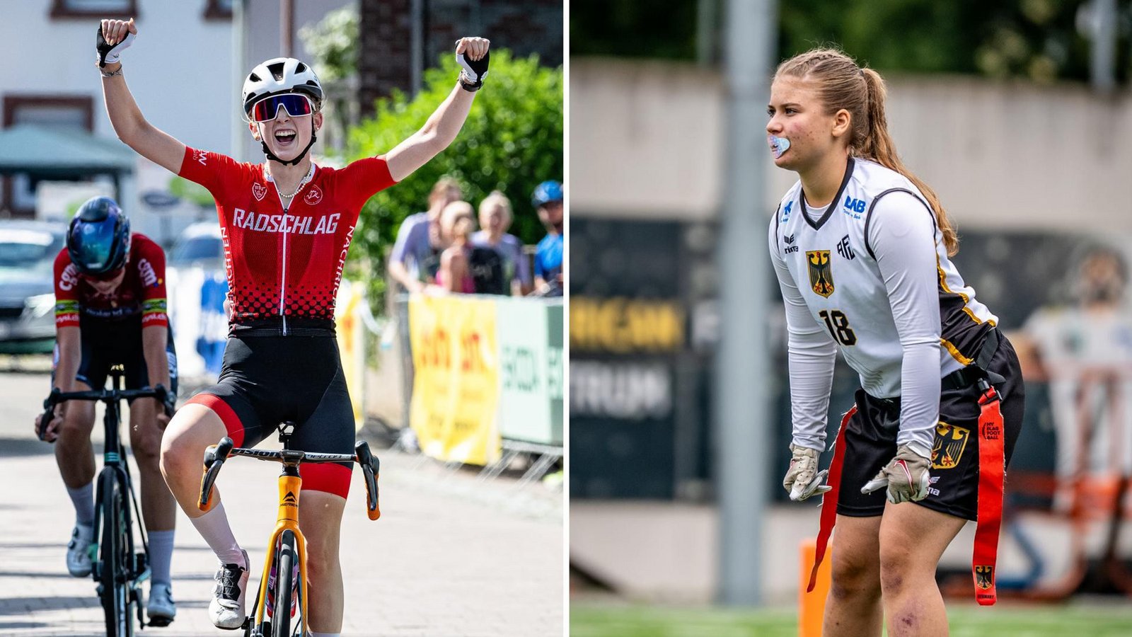 Leni Bauer (li.) und Lili Schmid haben im vergangenen Jahr herausragende sportliche Erfolge gefeiert – auf dem Rennrad und im Flag Football.Foto: frontalvision.com / Arne Mill, Bennet Henße Leni Bauer (li.) und Lili Schmid haben im vergangenen Jahr herausragende sportliche Erfolge gefeiert – auf dem Rennrad und im Flag Football.Foto: frontalvision.com / Arne Mill, Bennet Henße
