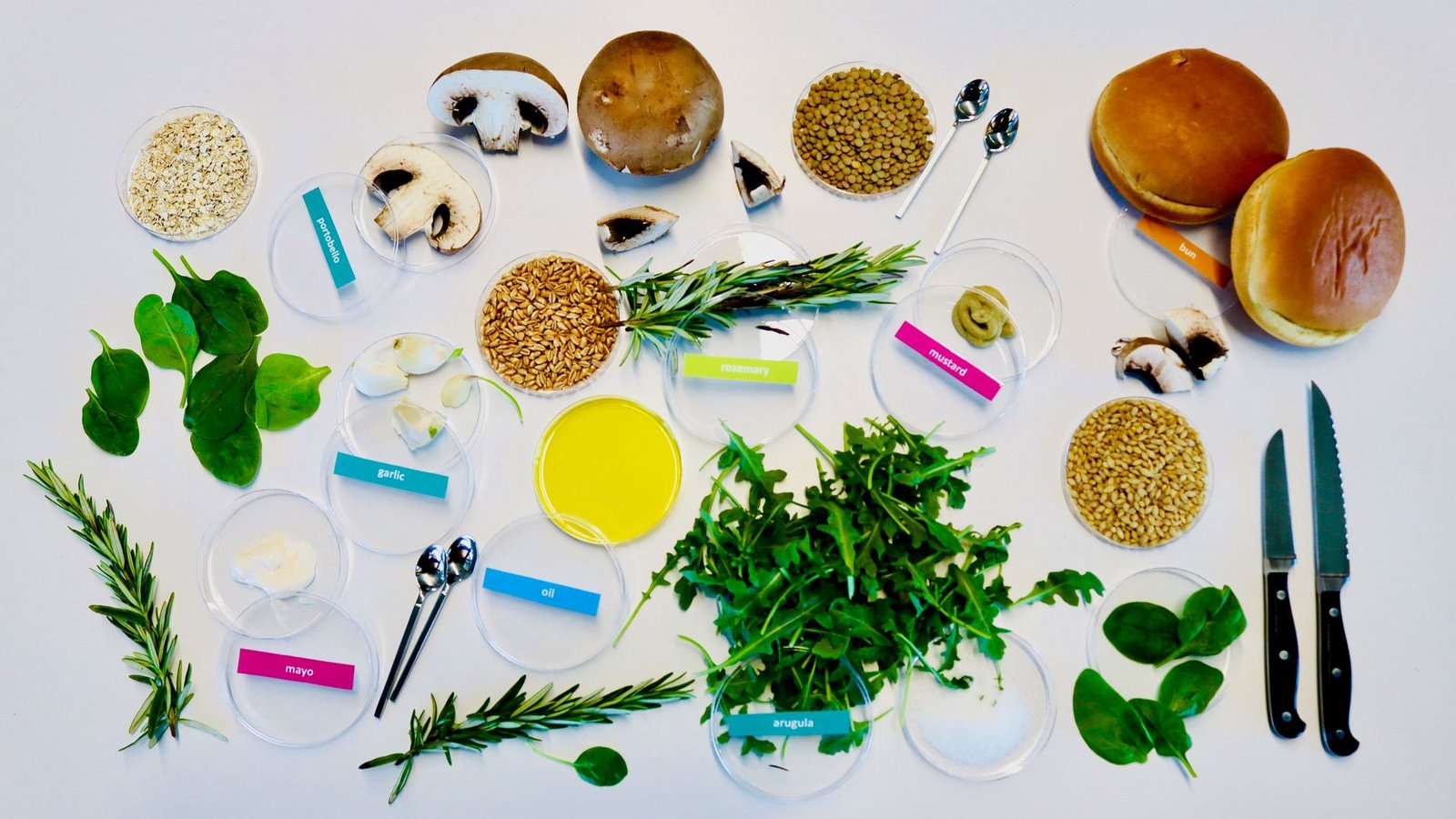 Von KI entworfene Zutaten für einen nachhaltigen und dabei leckeren Burger: unter anderem Zucht-Champignons, Rucola, Rosmarin, Körner und Gewürze.Foto: Living Matter Lab / EurekAlert/dpa