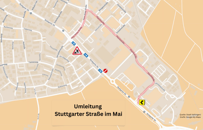 Wegen Bauarbeiten geht es im Mai auf einem Abschnitt der Stuttgarter Straße nur Richtung B 10. Quelle: pv/Grafik: Google My Maps