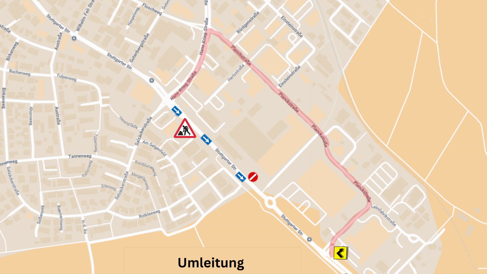 Wegen Bauarbeiten geht es im Mai auf einem Abschnitt der Stuttgarter Straße nur Richtung B 10. Quelle: pv/Grafik: Google My Maps