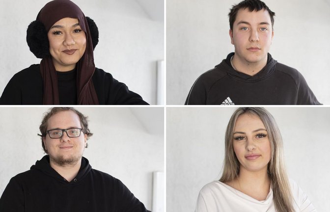 Vier Schülerinnen und Schüler an der Gewerblichen Schule Im Hoppenlau: Rukye B., Robin A., Nora Stanke und Willi Dehlinger (im Uhrzeigersinn von li. oben)<span class='image-autor'>Foto: Lichtgut/Leif Piechowski</span>