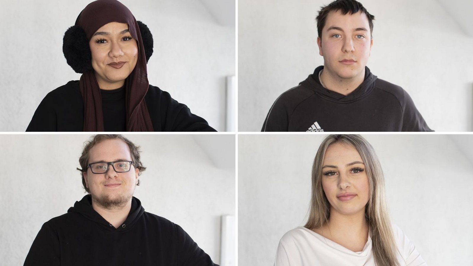 Vier Schülerinnen und Schüler an der Gewerblichen Schule Im Hoppenlau: Rukye B., Robin A., Nora Stanke und Willi Dehlinger (im Uhrzeigersinn von li. oben)Foto: Lichtgut/Leif Piechowski