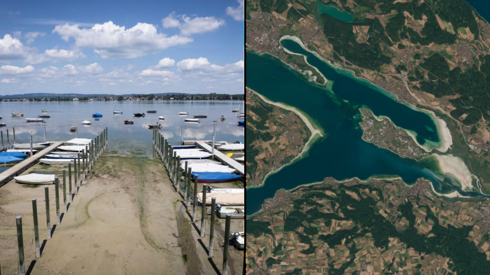 Der extrem niedrige Wasserstand am Bodensee: Sogar aus dem Weltall sichtbar.Gian Ehrenzeller/KEYSTONE/dpa; EU/Copernicus/Sentinel-2