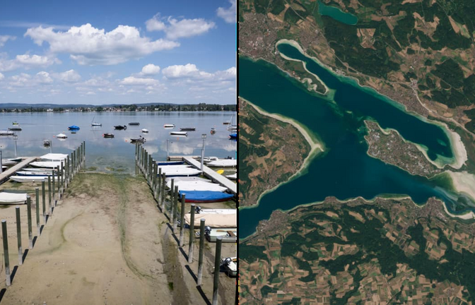 Der extrem niedrige Wasserstand am Bodensee: Sogar aus dem Weltall sichtbar.<span class='image-autor'>Gian Ehrenzeller/KEYSTONE/dpa; EU/Copernicus/Sentinel-2</span>