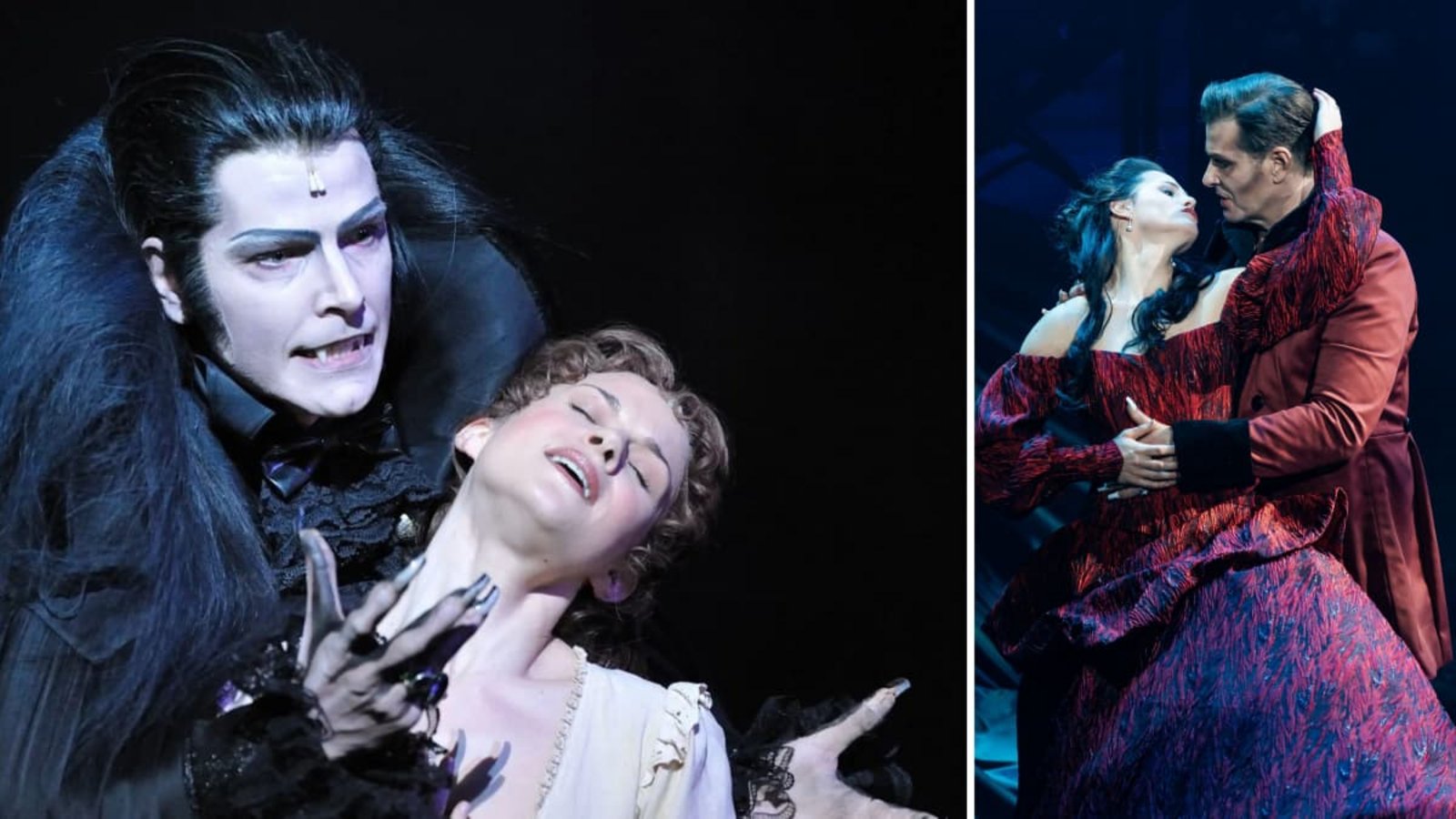Krolock trifft auf Dracula: Jan Ammann (links mit Lucy Scherer im Jahr 2010 in „Tanz der Vampire“) und eine Szene aus „Dracula - Das Musical“dpa/Uwe Anspach, ShowSlot/Nico Moser