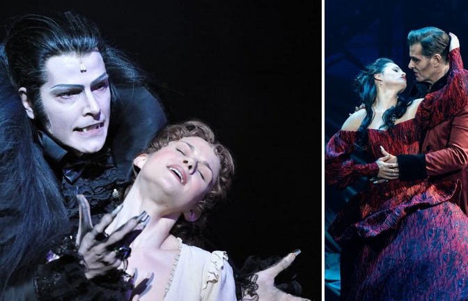Krolock trifft auf Dracula: Jan Ammann (links mit Lucy Scherer im Jahr 2010 in „Tanz der Vampire“) und eine Szene aus „Dracula - Das Musical“<span class='image-autor'>dpa/Uwe Anspach, ShowSlot/Nico Moser</span>