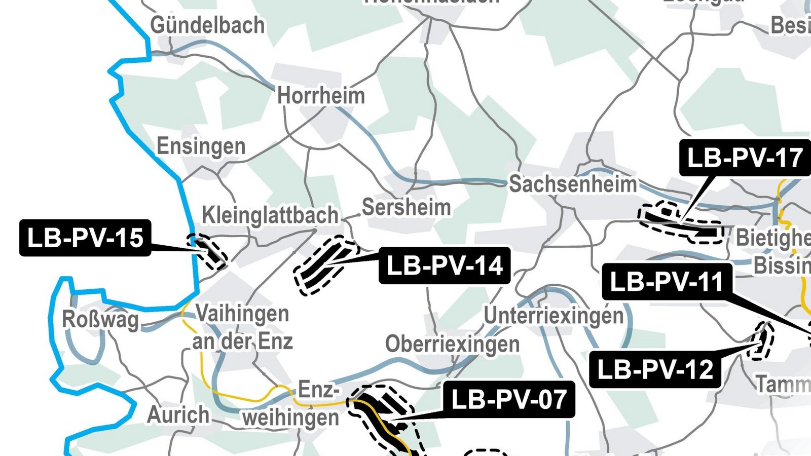 Die in der Teilfortschreibung Solarenergie des Regionalplans festgelegt Gebiete für Freiflächen-Fotovoltaik im nordwestlichen Landkreis Ludwigsburg.  Darstellung: Verband Region Stuttgart