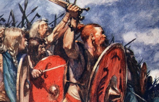 Germanische Stammeskrieger gehen auf die Römer los (Zeichnung von Arthur C. Michael, 1913).<span class='image-autor'>Imago/Heritage Images</span>