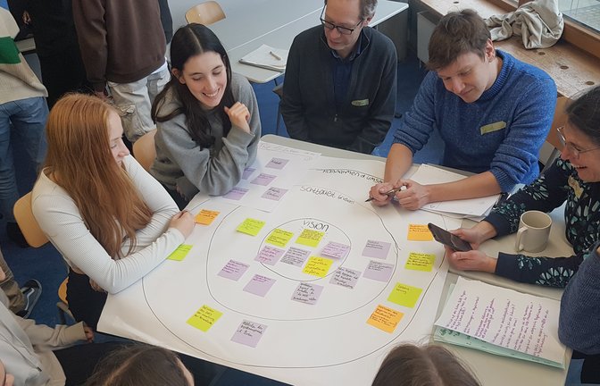 Wie könnte die Schule der Zukunft aussehen? Beim Workshop mit Georgi Panayotov vom Learnlife-Center Barcelona bringen Schüler und Lehrkräfte ihre Vorstellungen ein.  <span class='image-autor'>Foto: p</span>