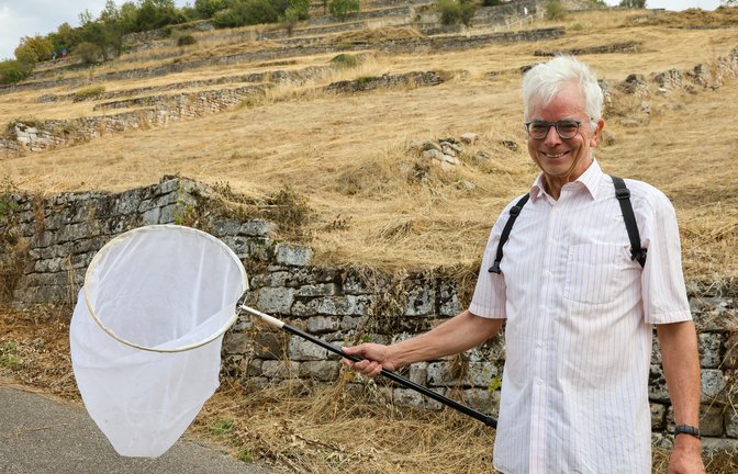 Das Netz bleibt leer: Christoph Kaup vom Nabu entdeckt am Geigersberg nur wenige Schmetterlinge oder Falter. Den Tieren ist es aktuell einfach zu heiß und zu trocken.  <span class='image-autor'>Foto: Oliver Bürkle</span>