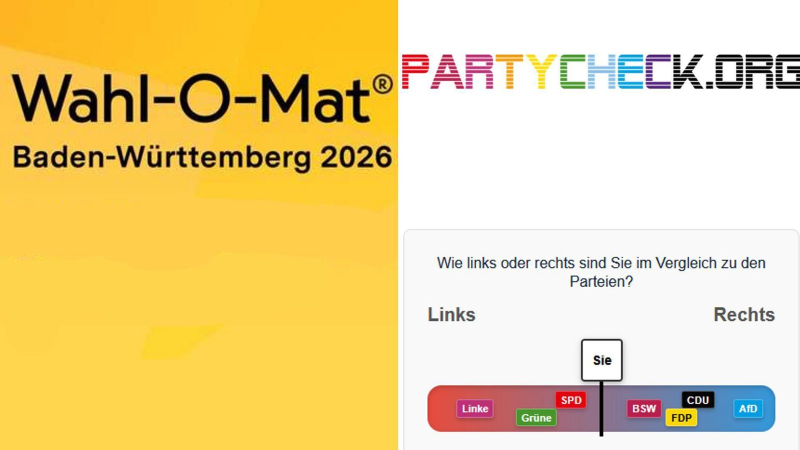 Mit dem „Party Check“ gibt es eine Alternative zum Wahl-O-Mat.Foto: Screenshots Wahl-O-Mat/Party Check, Montage: Koenigsdorff