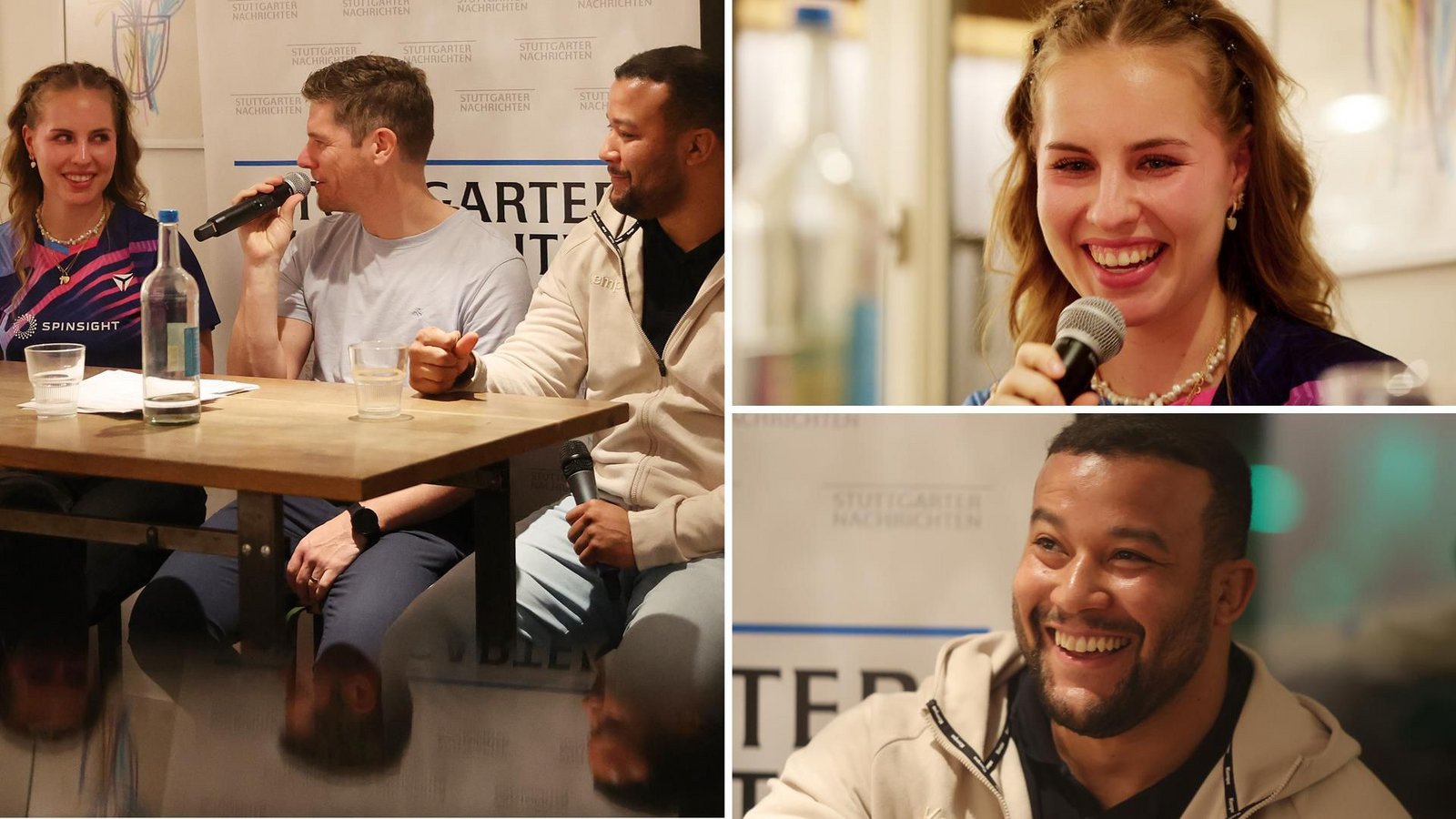 Gute Laune beim Talkabend in der Café-Bar „Gottlieb“ in Bad Cannstatt: Tischtennis-Star Annett Kaufmann, Olympia-Ringer Jello Krahmer und Moderator Dirk Preiß (Mitte).Foto: Baumann/Hansi Britsch Gute Laune beim Talkabend in der Café-Bar „Gottlieb“ in Bad Cannstatt: Tischtennis-Star Annett Kaufmann, Olympia-Ringer Jello Krahmer und Moderator Dirk Preiß (Mitte).Foto: Baumann/Hansi Britsch