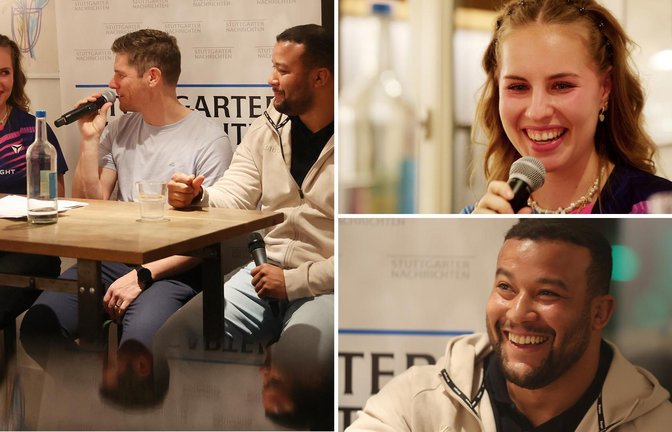 Gute Laune beim Talkabend in der Café-Bar „Gottlieb“ in Bad Cannstatt: Tischtennis-Star Annett Kaufmann, Olympia-Ringer Jello Krahmer und Moderator Dirk Preiß (Mitte).<span class='image-autor'>Foto: Baumann/Hansi Britsch</span>