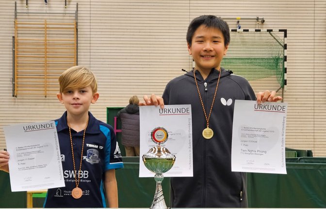 Die beiden Nachwuchsspieler Milo Kimmer (von links) und Tien Nghia Phong vom TTC Bietigheim- Bissingen zeigen bei der Baden-Württembergischen Meisterschaft ihre Klasse. <span class='image-autor'>Foto: privat</span>