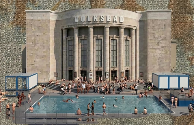 Ab 7. August geöffnet: das temporäre Volksbad vor der Volksbühne am Rosa-Luxemburg-Platz in Berlin. Drei Monate lang darf man hier kostenlos schwimmen&nbsp;– nach Anmeldung.<span class='image-autor'>Volksbühne am Rosa-Luxemburg-Platz, Collage: Simeon Melchior</span>