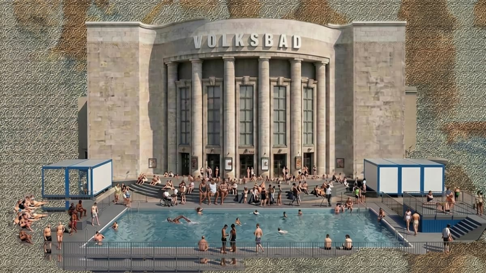 Ab 7. August geöffnet: das temporäre Volksbad vor der Volksbühne am Rosa-Luxemburg-Platz in Berlin. Drei Monate lang darf man hier kostenlos schwimmen&nbsp;– nach Anmeldung.Volksbühne am Rosa-Luxemburg-Platz, Collage: Simeon Melchior