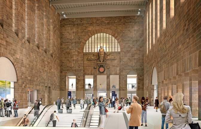 So soll die große Schalterhalle nach dem Umbau aussehen.<span class='image-autor'>Foto: Deutsche Bahn/plan b</span>