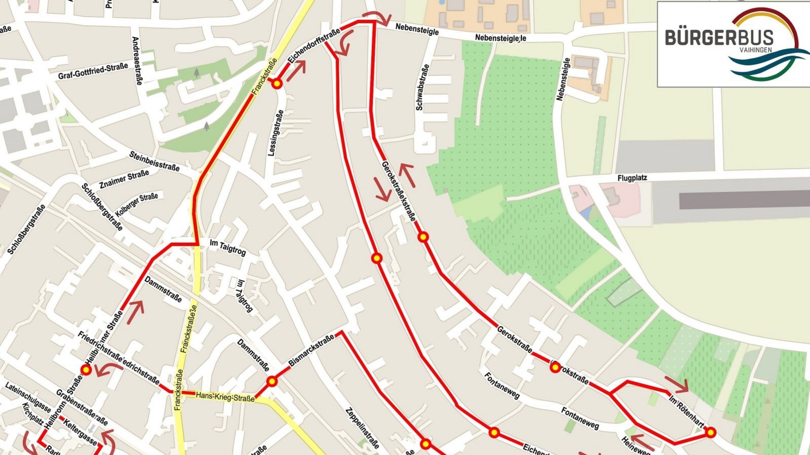 Die Karte zeigt eine der drei Routen, die der Bus ab nächster Woche abfahren wird. Der Bürgerbus soll keine Konkurrenz zum ÖPNV sein, sondern eine Ergänzung.  Grafik: Bürgerbus Vaihingen