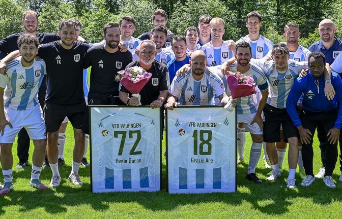 Ein letztes gemeinsames Meisterfoto der Fußballer des VfB Vaihingen. <span class='image-autor'>Foto: Leitner</span>