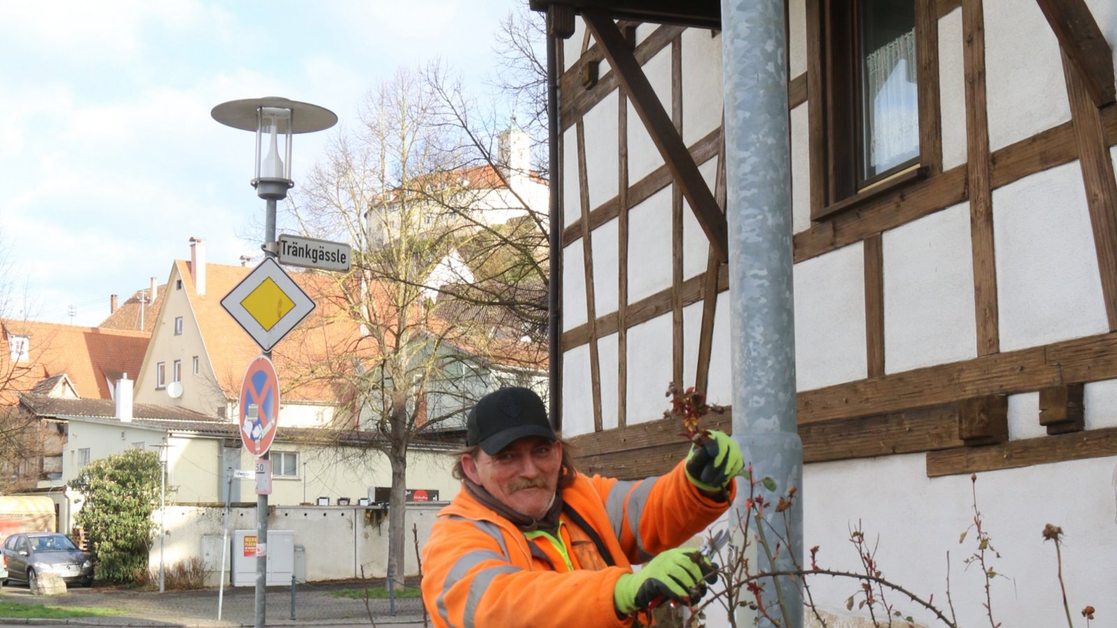 Auf dass die Rosen unterm Kaltenstein bald wieder schön blühen, setzt der Gärtner des Vaihinger Bauhofs die Gartenschere an.  Foto: Rücker