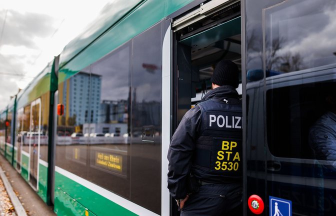 Ein Beamter kontrolliert einen Zug, der aus Basel kommt.<span class='image-autor'>Foto: dpa/Philipp von Ditfurth</span>