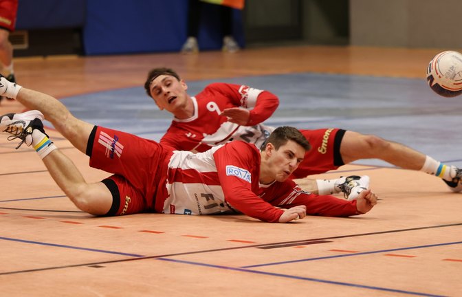 Jakob Kilpper (vorne) und Jaro Jungclaussen holen mit dem TV Vaihingen im ersten Saisonspiel der 1. Faustball-Bundesliga Süd den ersten Sieg. <span class='image-autor'>Foto: Archiv/Deutsche Faustballiga/Den Dulk</span>