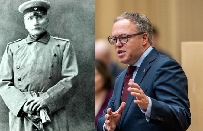 Friedrich Wilhelm Voigt als Hauptmann von Köpenick auf einer Postkarte (li., um 1906) und Mario Voigt, Ministerpräsident von Thüringen, bei einer Rede im Bundesrat. (re., am 12. Juni 2026) (Fotomontage).<span class='image-autor'>Michael Kappeler/dpa/Berliner Woche (Ralf Drescher), gemeinfrei</span>