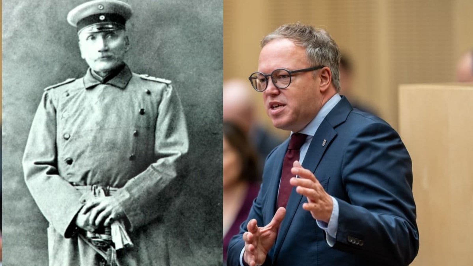 Friedrich Wilhelm Voigt als Hauptmann von Köpenick auf einer Postkarte (li., um 1906) und Mario Voigt, Ministerpräsident von Thüringen, bei einer Rede im Bundesrat. (re., am 12. Juni 2026) (Fotomontage).Michael Kappeler/dpa/Berliner Woche (Ralf Drescher), gemeinfrei Friedrich Wilhelm Voigt als Hauptmann von Köpenick auf einer Postkarte (li., um 1906) und Mario Voigt, Ministerpräsident von Thüringen, bei einer Rede im Bundesrat. (re., am 12. Juni 2026) (Fotomontage).Michael Kappeler/dpa/Berliner Woche (Ralf Drescher), gemeinfrei