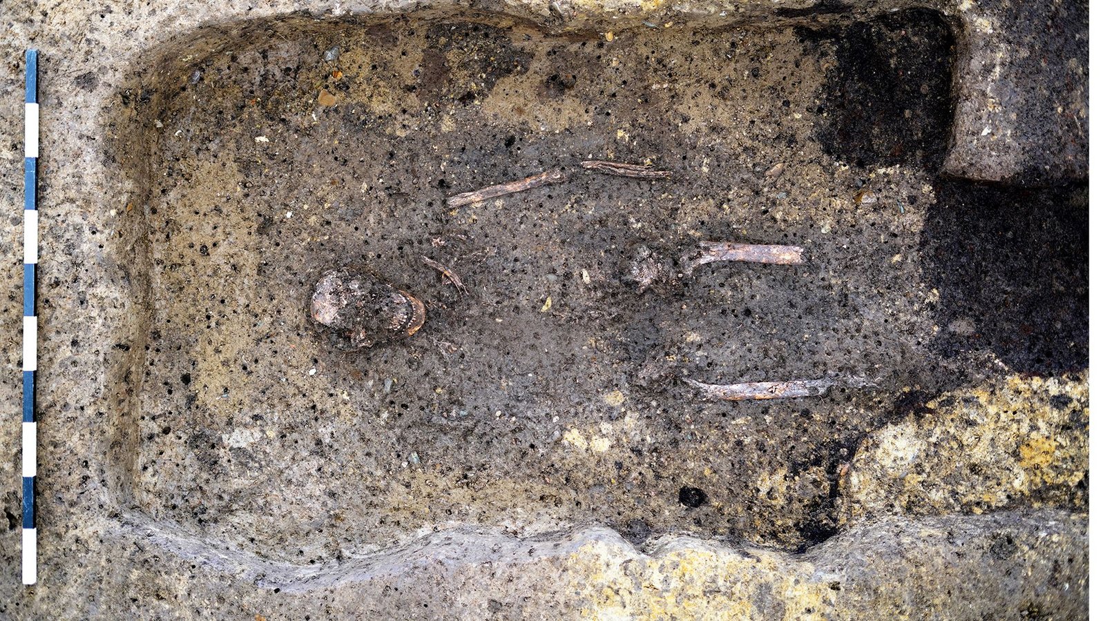 Dieses männliche Skelett fand sich in höherer Erdschicht.Foto: Landesamt für Denkmalpflege/Quentin Sueur