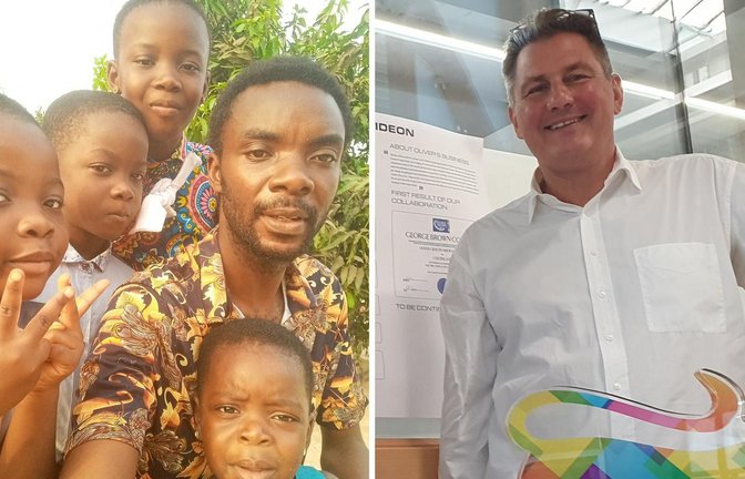 Oliver Amofa im Kreise seiner Kinder – der Heubacher Unternehmer Bernd Richter (rechts) hat ihm ein Auskommen verschafft.<span class='image-autor'>Foto: privat/Wein</span>