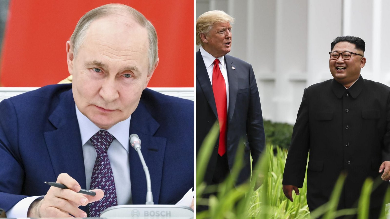 Kreml-Chef Putin (li.) trifft sich am Freitag mit US-Präsident Trump (Mitte) und hat zuvor mit Nordkoreas Machthaber Kim (re.) telefonisch eine engere Zusammenarbeit vereinbart.Foto: Kristina Kormilitsyna/Pool Sputnik Kremlin via AP/dpa (li.), Evan Vucci/AP/dpa (re.) Kreml-Chef Putin (li.) trifft sich am Freitag mit US-Präsident Trump (Mitte) und hat zuvor mit Nordkoreas Machthaber Kim (re.) telefonisch eine engere Zusammenarbeit vereinbart.Foto: Kristina Kormilitsyna/Pool Sputnik Kremlin via AP/dpa (li.), Evan Vucci/AP/dpa (re.)