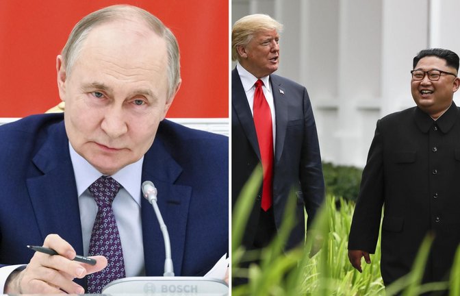 Kreml-Chef Putin (li.) trifft sich am Freitag mit US-Präsident Trump (Mitte) und hat zuvor mit Nordkoreas Machthaber Kim (re.) telefonisch eine engere Zusammenarbeit vereinbart.<span class='image-autor'>Foto:  Kristina Kormilitsyna/Pool Sputnik Kremlin via AP/dpa (li.), Evan Vucci/AP/dpa (re.)</span>