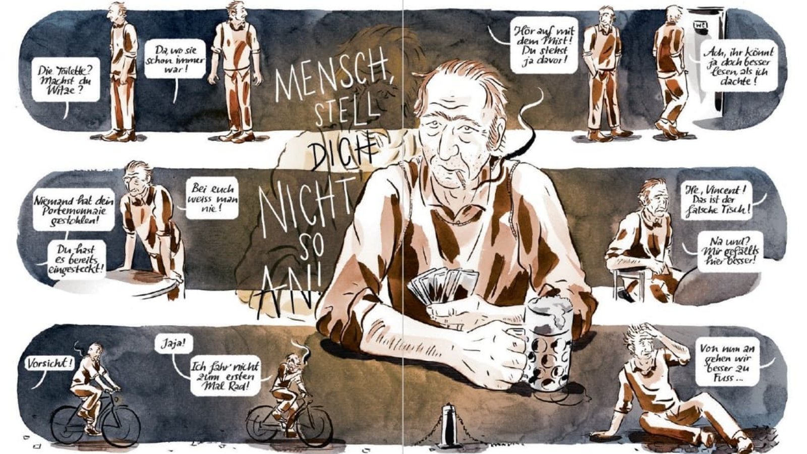 Melanie Carolin Wigger malt aus, wie ein Mann immer mehr die Orientierung in seinem Leben verliert. Doppelseite aus der Graphic Novel „Vincent“Melanie Carolin Wigger/Avant-Verlag