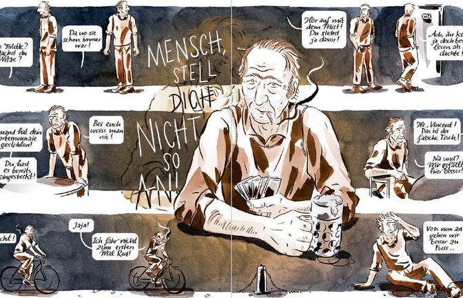 Melanie Carolin Wigger malt aus, wie ein Mann immer mehr die Orientierung in seinem Leben verliert. Doppelseite aus der Graphic Novel „Vincent“<span class='image-autor'>Melanie Carolin Wigger/Avant-Verlag</span>