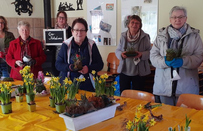 In zwei Gruppen haben die Häfnerhaslacher Landfrauen und ihre Gäste am Samstag in der Häfnerstube österliche Kokedamas gebastelt.  <span class='image-autor'>Foto: Glemser</span>