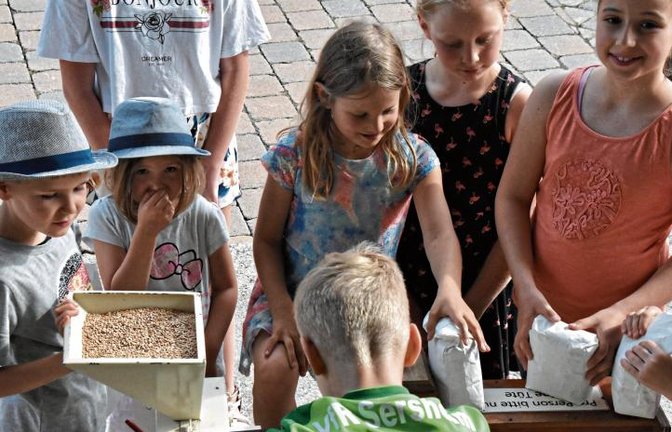 Kinder mahlen beim Mühlentag in der Fessler Mühle.  Fotos: p