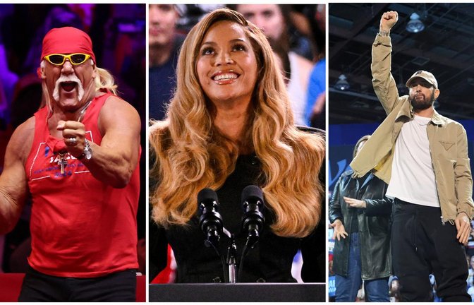 Die Wrestling-Legende Hulk Hogan (links) wirbt für Donald Trump, die Sängerin Beyoncé und der Rapper Eminem unterstützen Kamala Harris.<span class='image-autor'>Foto: AFP/Michael M. Santiago / GETTY IMAGE/AFP/MIGUEL J. RODRIGUEZ CARRILLO/dpa/Paul Sancya</span>