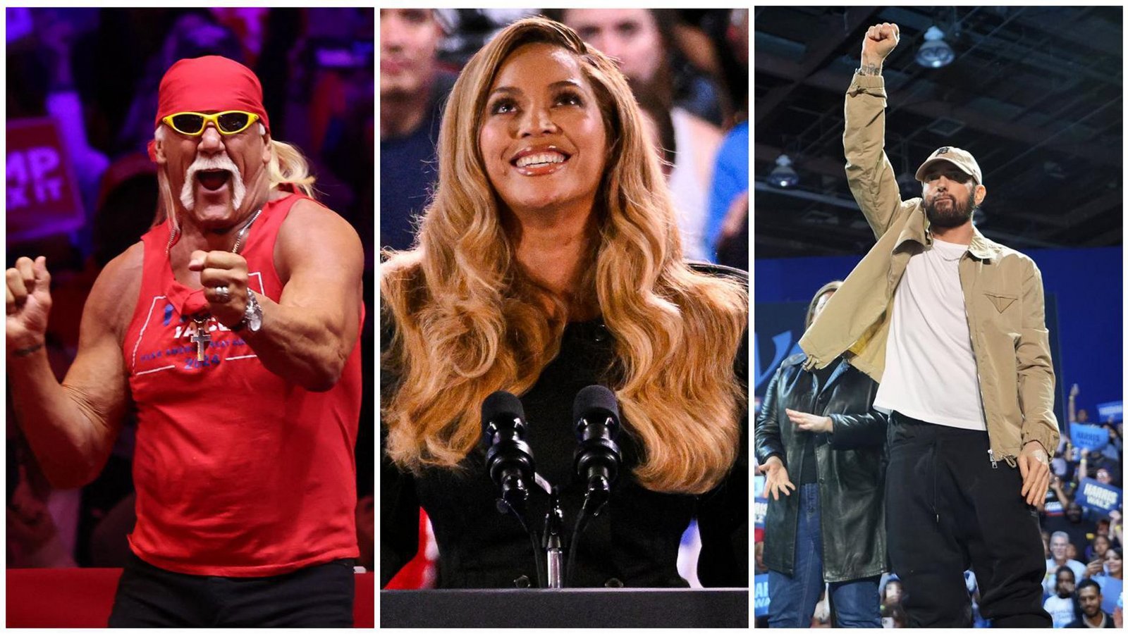 Die Wrestling-Legende Hulk Hogan (links) wirbt für Donald Trump, die Sängerin Beyoncé und der Rapper Eminem unterstützen Kamala Harris.Foto: AFP/Michael M. Santiago / GETTY IMAGE/AFP/MIGUEL J. RODRIGUEZ CARRILLO/dpa/Paul Sancya Die Wrestling-Legende Hulk Hogan (links) wirbt für Donald Trump, die Sängerin Beyoncé und der Rapper Eminem unterstützen Kamala Harris.Foto: AFP/Michael M. Santiago / GETTY IMAGE/AFP/MIGUEL J. RODRIGUEZ CARRILLO/dpa/Paul Sancya